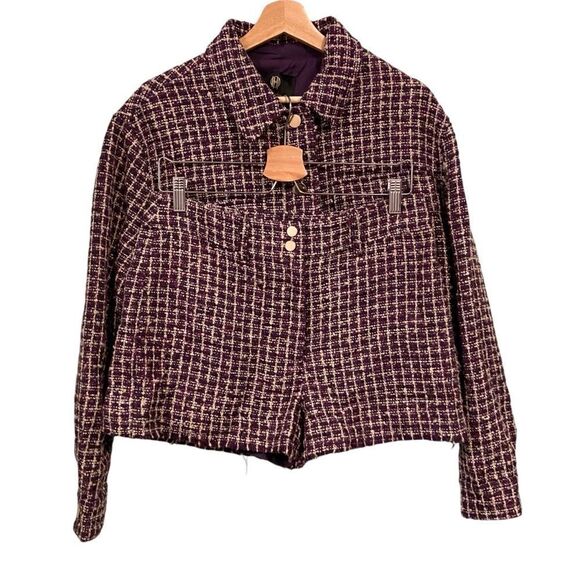 House of Harlow 1960 Purple Metallic Tweed Crop Jacket Raw Hem and Shorts in M - Picture 1 of 16